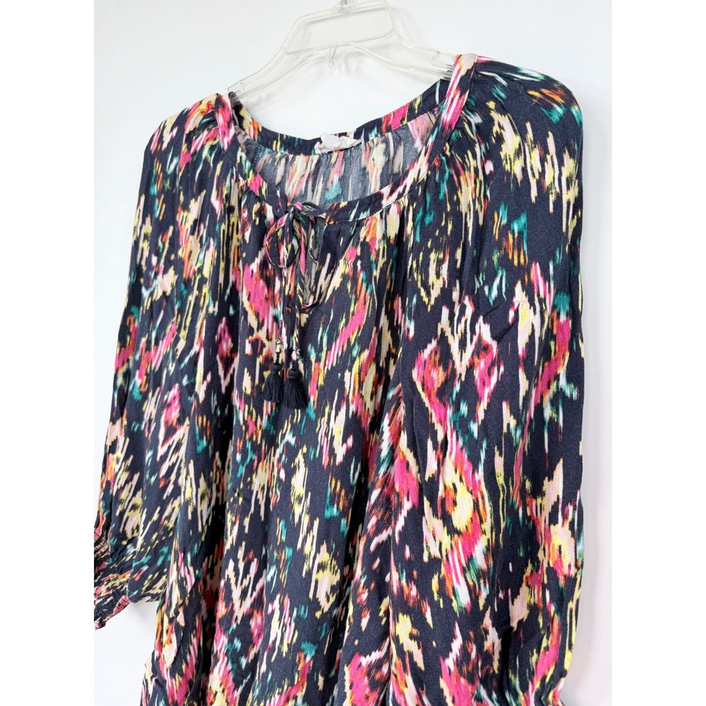 Westbound Woman 1X Blouse Geo Multicolor Tassel Tie Smocked Cuff Rayon Top Aztec